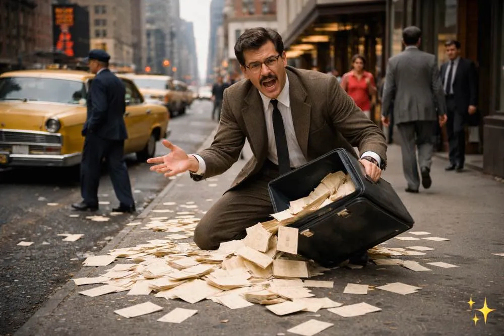 A man spilling computer cards on the sidewalk.