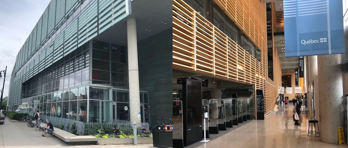 Photo collage of the exterior and interior of the lobby of the Grand Library of Montreal.