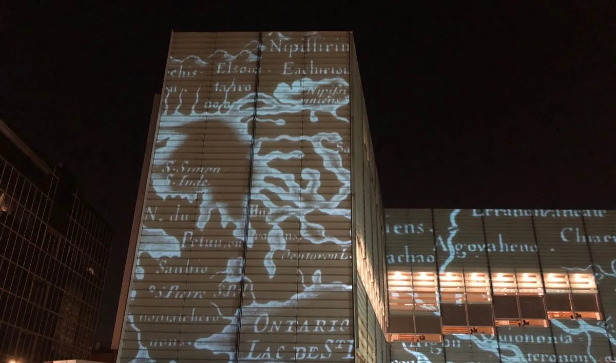 Light projections on the exterior walls of the library.