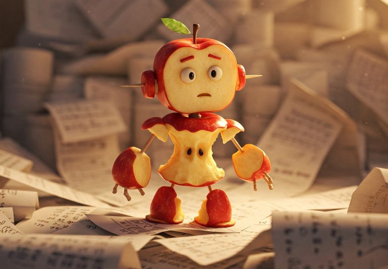 A confused looking robot made out of apple parts.